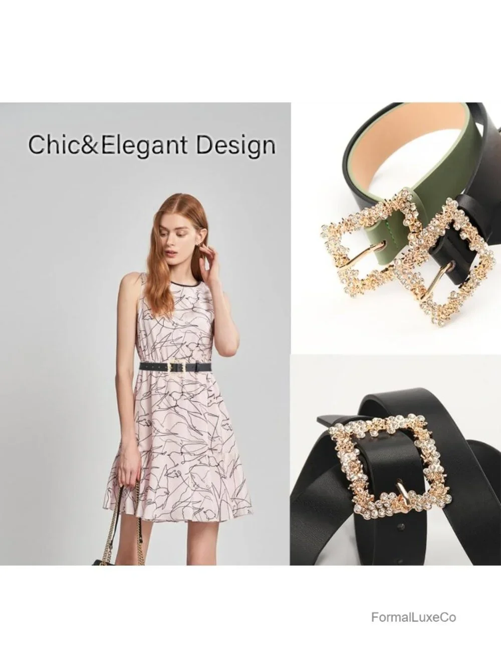 Faux Leather Rhinestone Belt Gold Square Buckle Adjustable Women Accessory